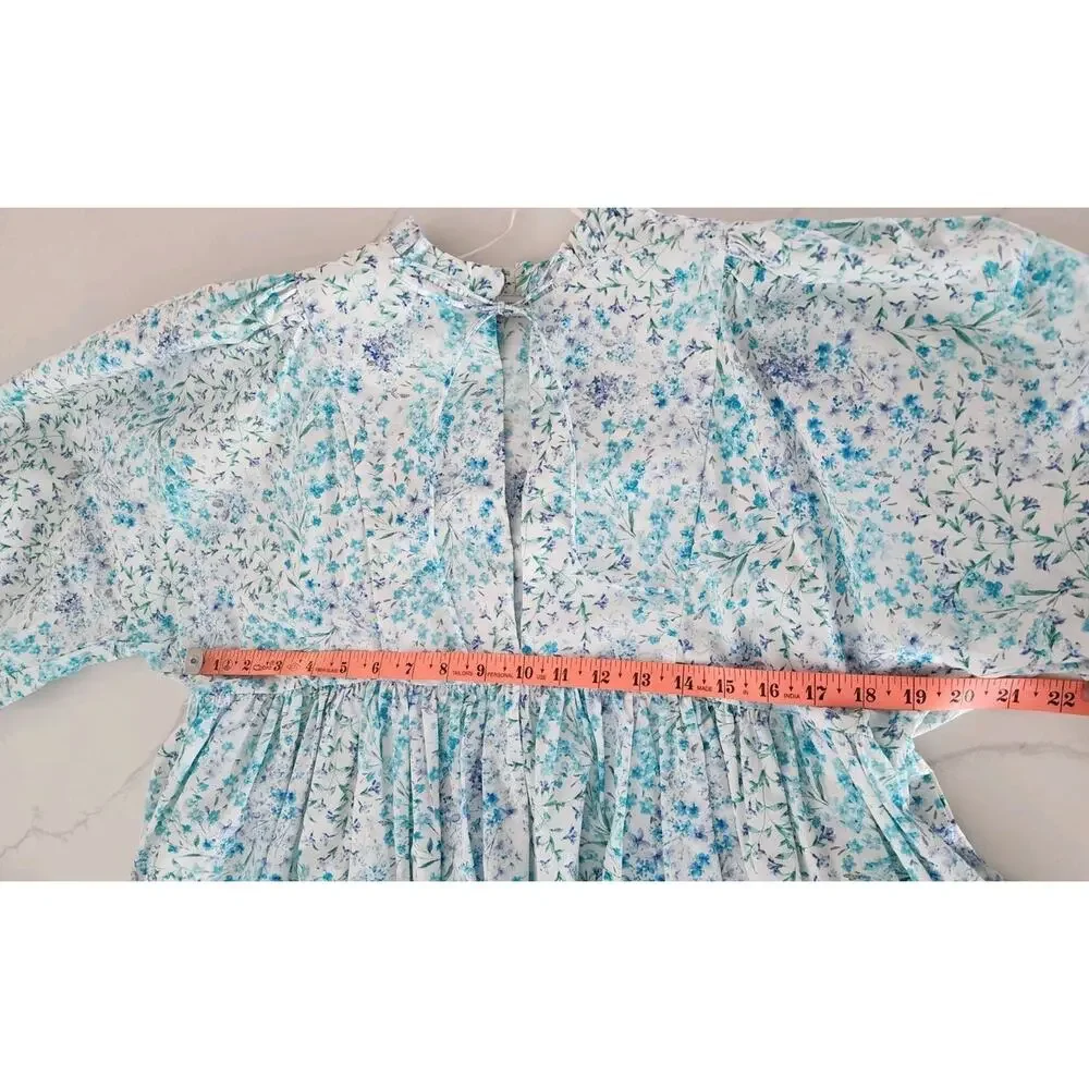 Zara Fancy Blue Poplin Cotton 3/4 Sleeve Dress Mini XS Loveshack Floral Print